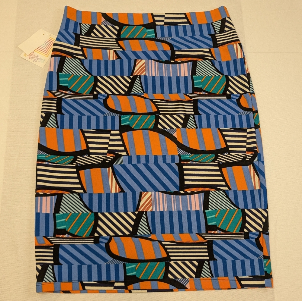 LuLaRoe XL Cassie Skirt Blue Orange Black Geometric